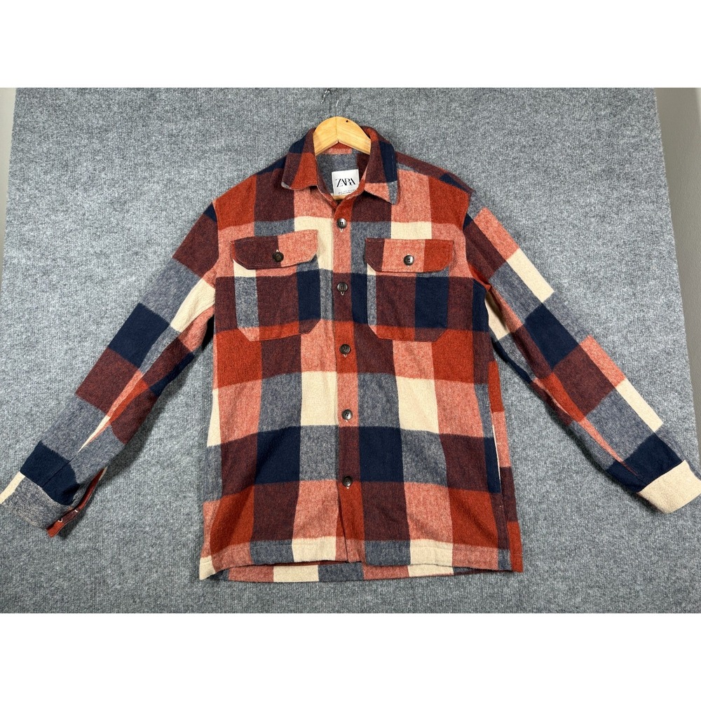 Zara Flannel Shacket Men Small Multicolor Buffalo Plaid Button Front Relaxed Fit